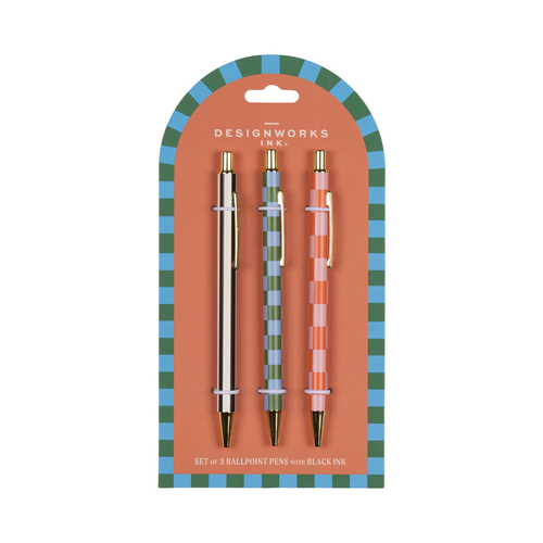 Bonherre mağazasından Designworks Ink marka, A Dopo çizgili ve kareli desenli 3'lü tükenmez kalem seti.