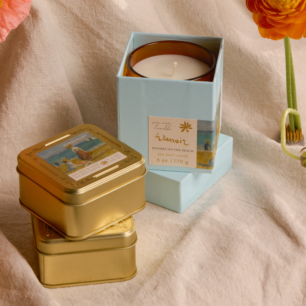 Bonherre mağazasından Empresyonistler serisi Renoir Sahildeki Figürler temalı 99 gr metal teneke mum.