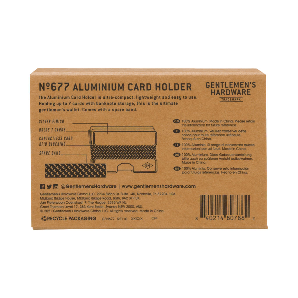 Bonherre mağazasından Gentlemen's Hardware marka, RFID korumalı, gümüş renkli alüminyum kartlık.