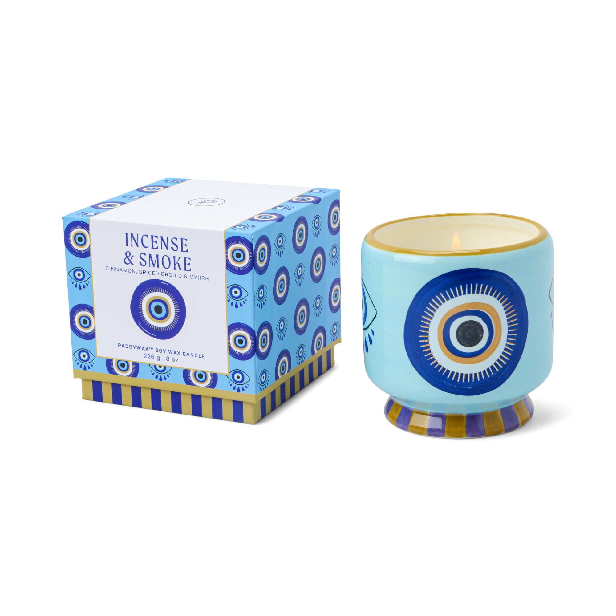 Bonherre mağazasından Paddywax markasına ait, göz desenli seramik kutuda, tütsü ve duman kokulu 226 gr lüks mum.
