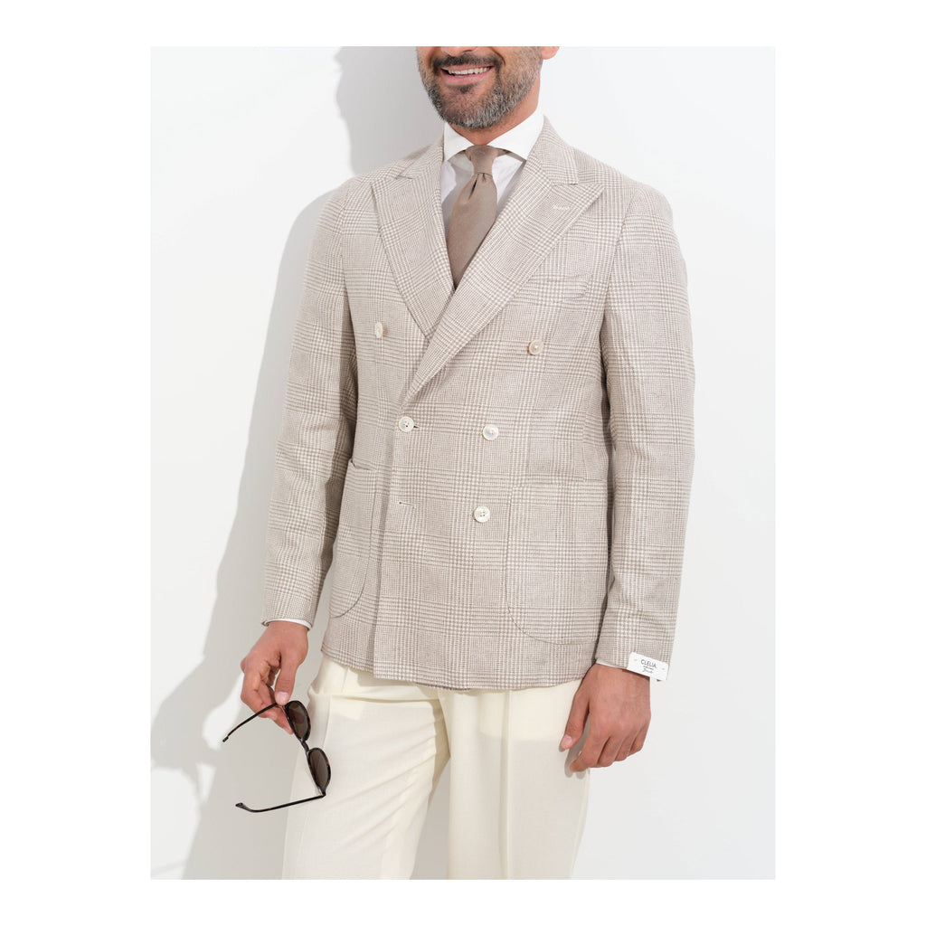 Bonherre mağazasından Borriello X Enis İnci bej Glen Check kruvaze blazer, model üzerinde tam görünüm.
