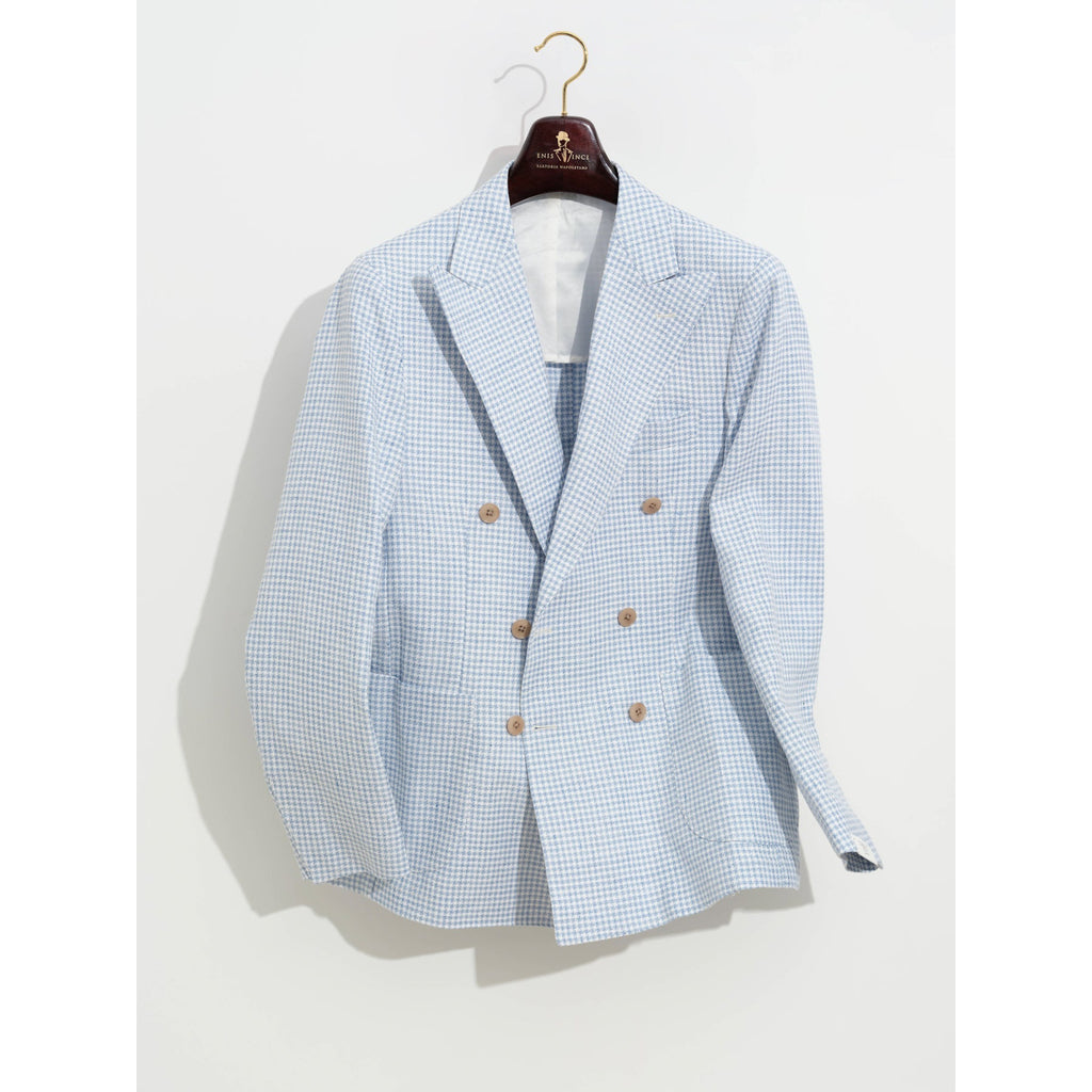 Bonherre mağazasından Borriello X Enis İnci Kruvaze Blazer Ceket - Mavi Pied de Poule, premium İtalyan kumaşından el işçiliğiyle üretilmiş lüks erkek ceket.