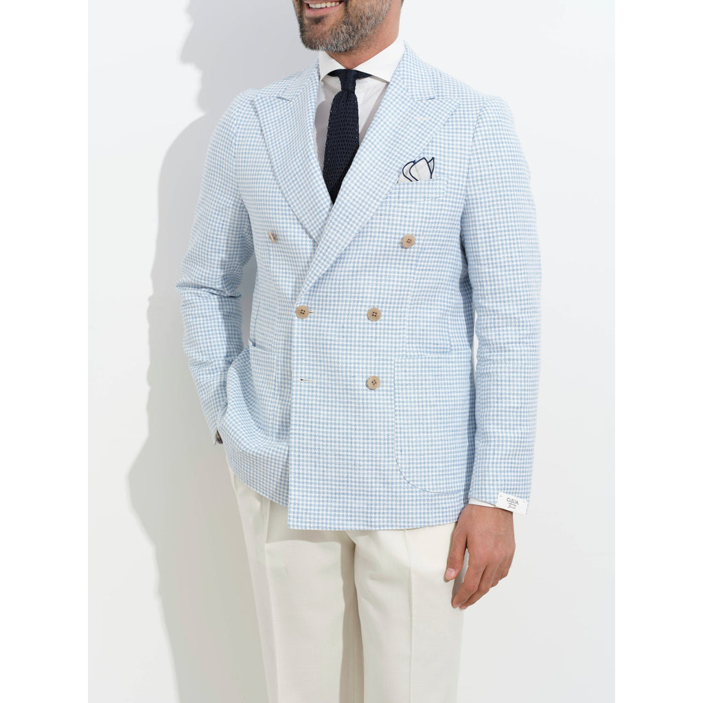 Bonherre mağazasından Borriello X Enis İnci Kruvaze Blazer Ceket - Mavi Pied de Poule, premium İtalyan kumaşından el işçiliğiyle üretilmiş lüks erkek ceket.