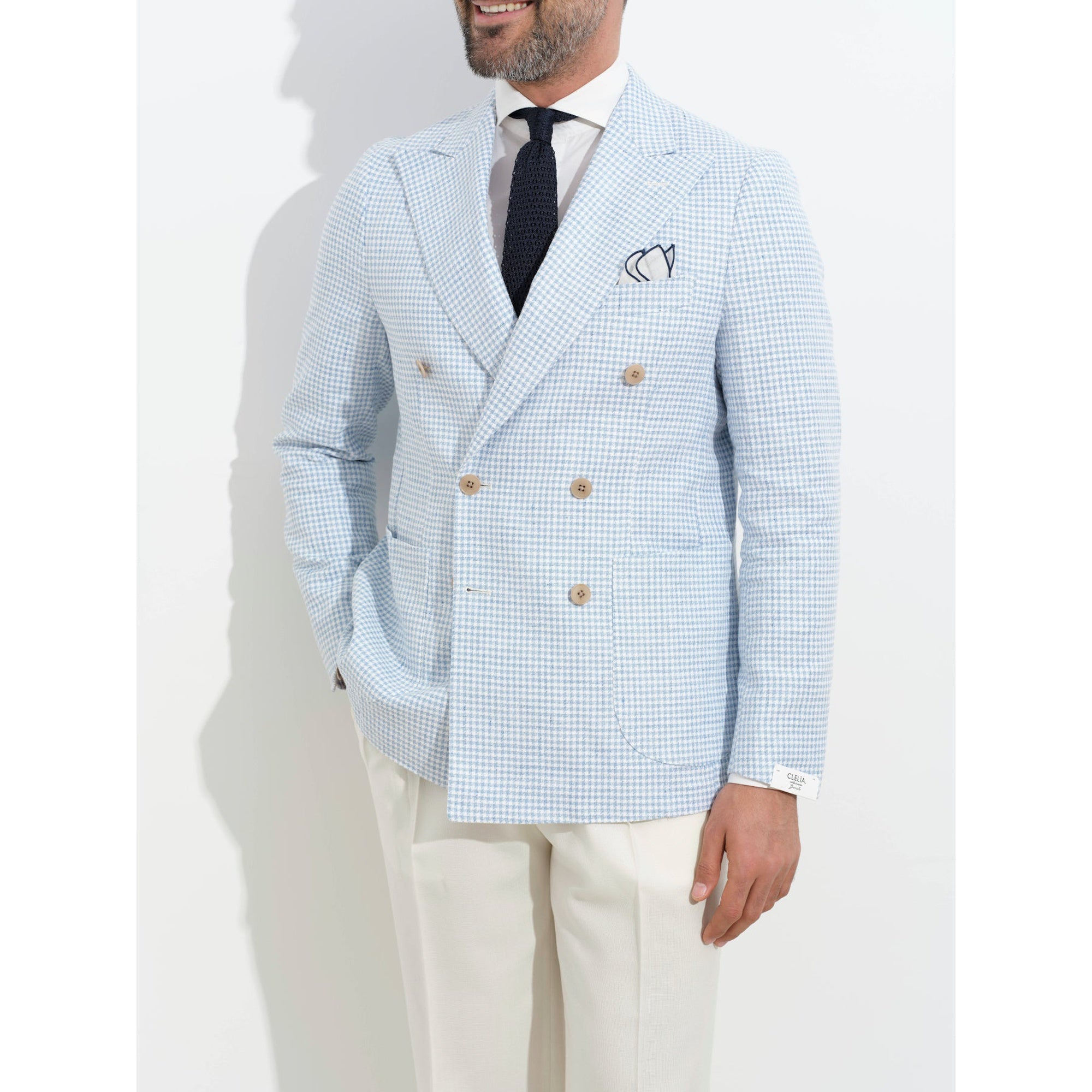Bonherre mağazasından Borriello X Enis İnci Kruvaze Blazer Ceket - Mavi Pied de Poule, premium İtalyan kumaşından el işçiliğiyle üretilmiş lüks erkek ceket.