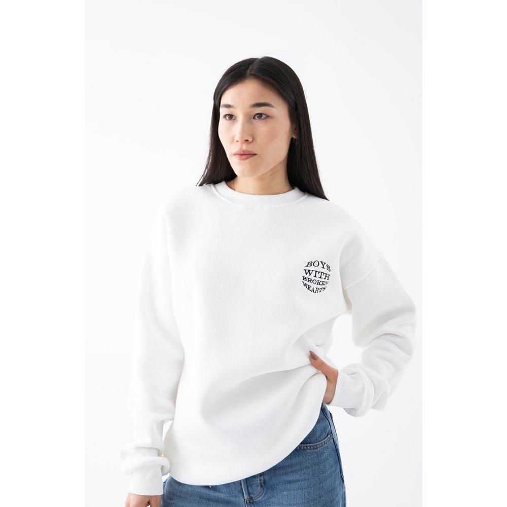 Nakışlı Beyaz Düz Sweatshirt