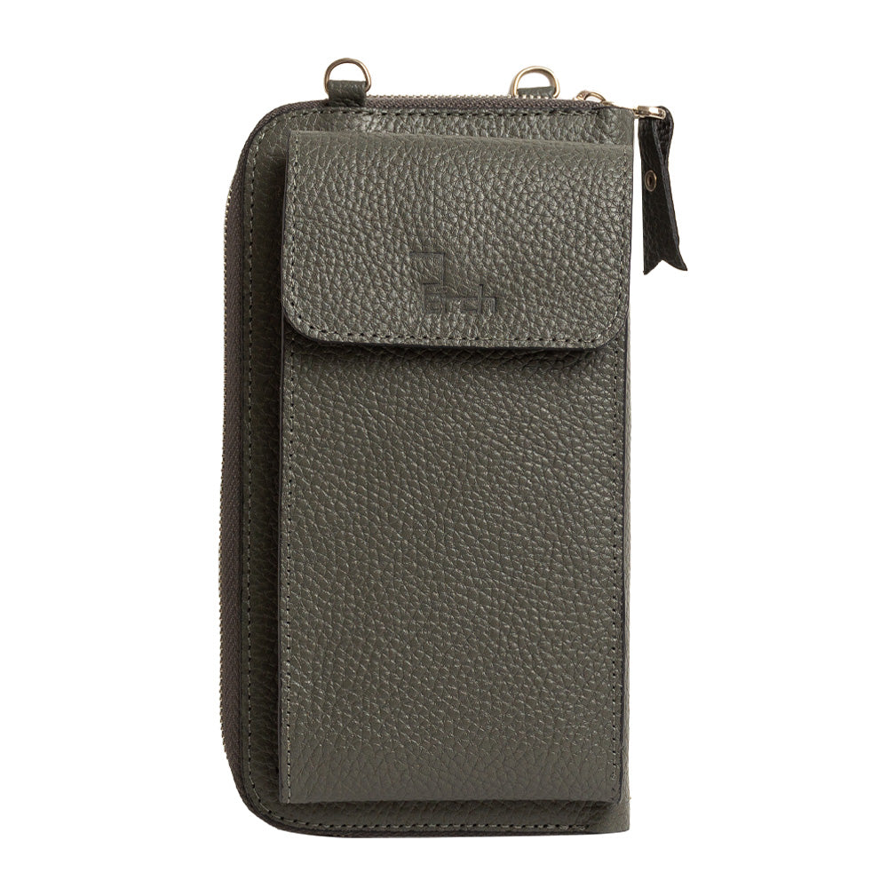 El yapımı gri deri pasaport ve telefon çantası – floater dana derisi, çok gözlü tasarım