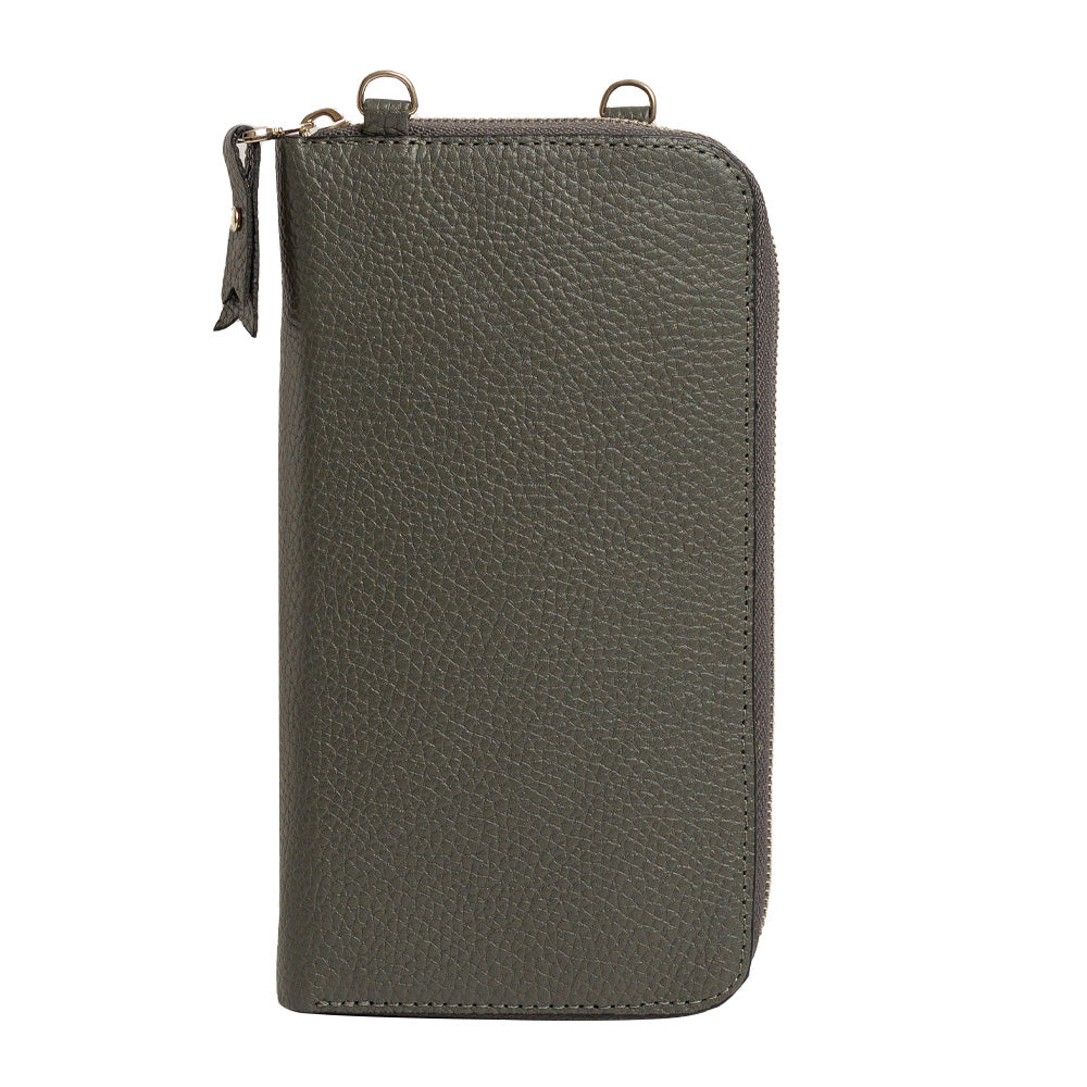 El yapımı gri deri pasaport ve telefon çantası – floater dana derisi, çok gözlü tasarım