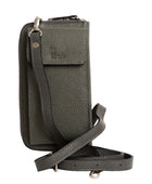 El yapımı gri deri pasaport ve telefon çantası – floater dana derisi, çok gözlü tasarım