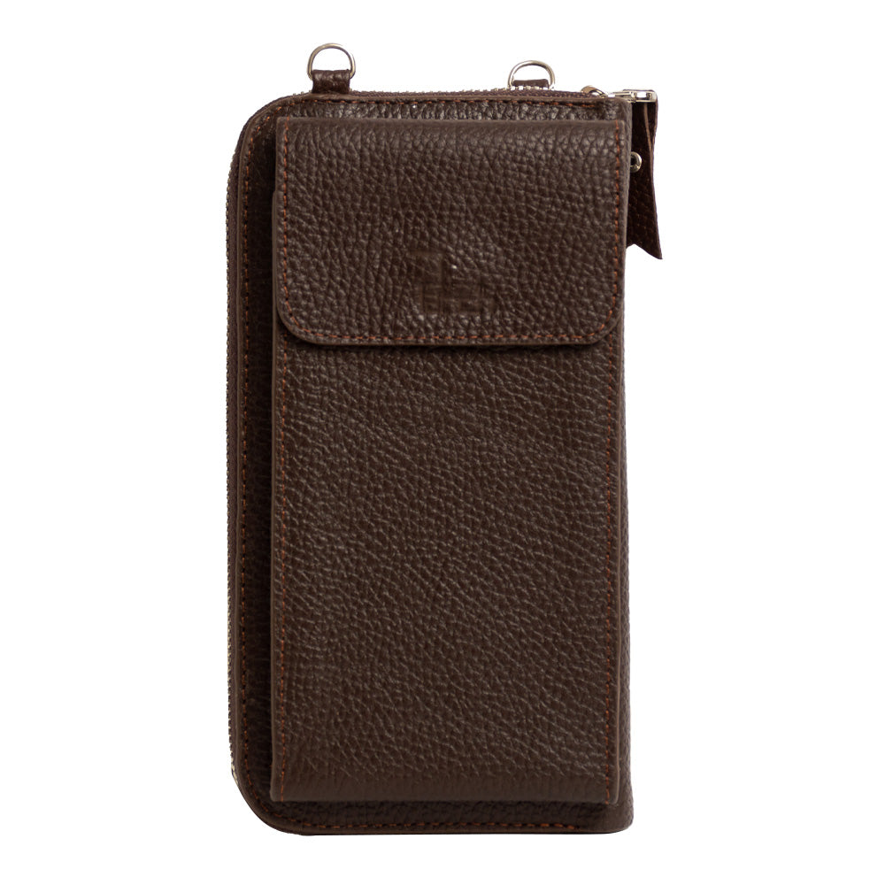 El yapımı kahverengi deri pasaport ve telefon çantası – floater dana derisi, çok gözlü tasarım