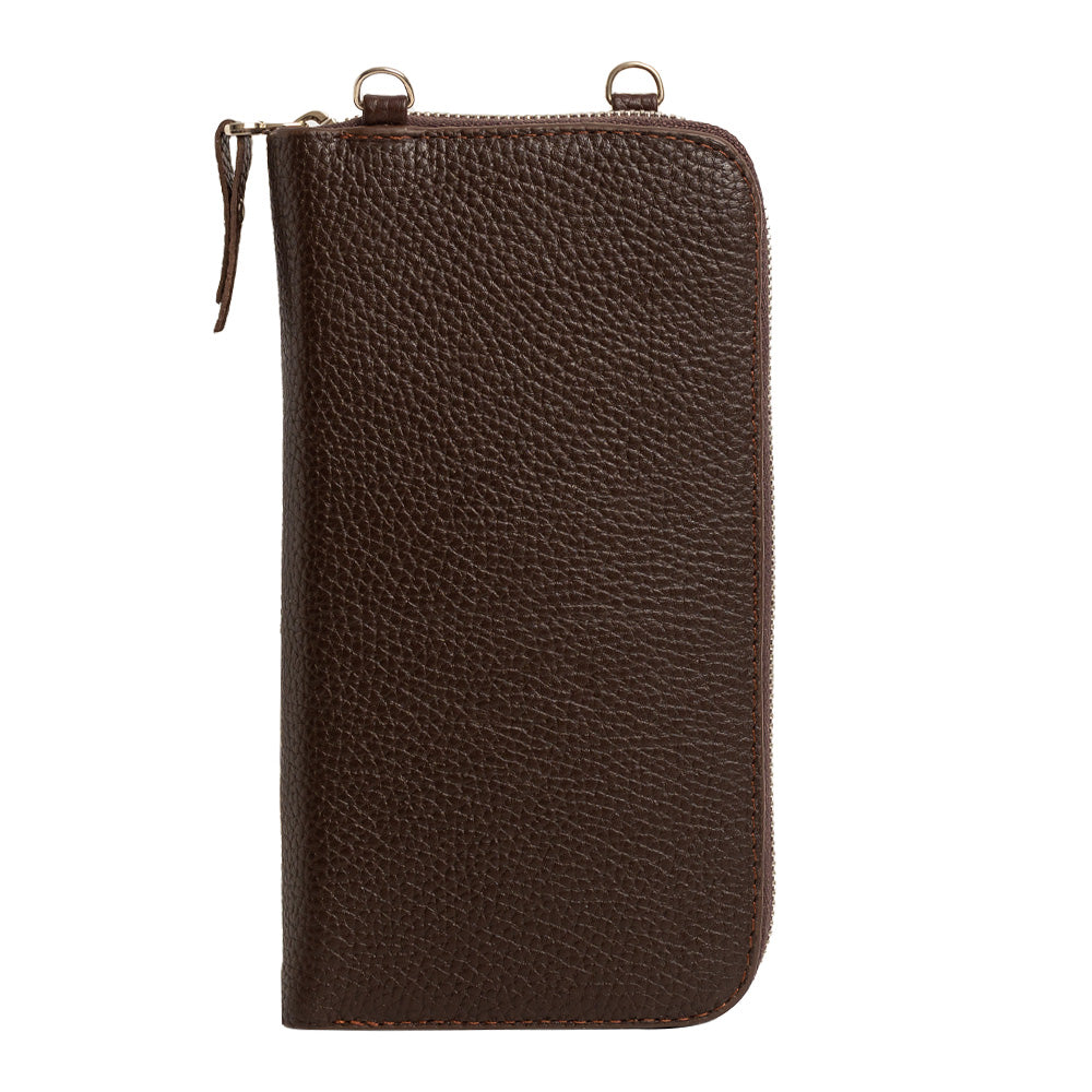 El yapımı kahverengi deri pasaport ve telefon çantası – floater dana derisi, çok gözlü tasarım