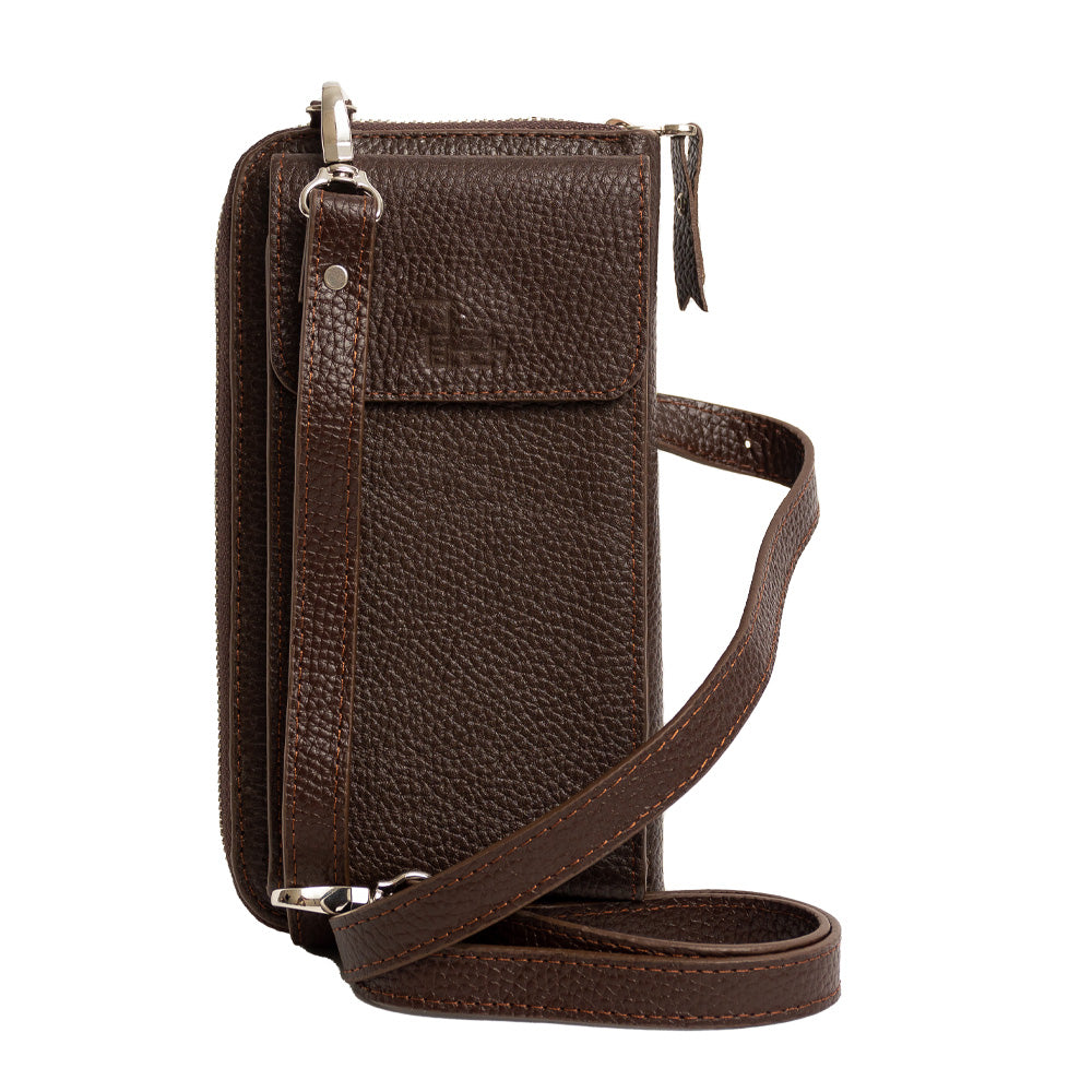 El yapımı kahverengi deri pasaport ve telefon çantası – floater dana derisi, çok gözlü tasarım