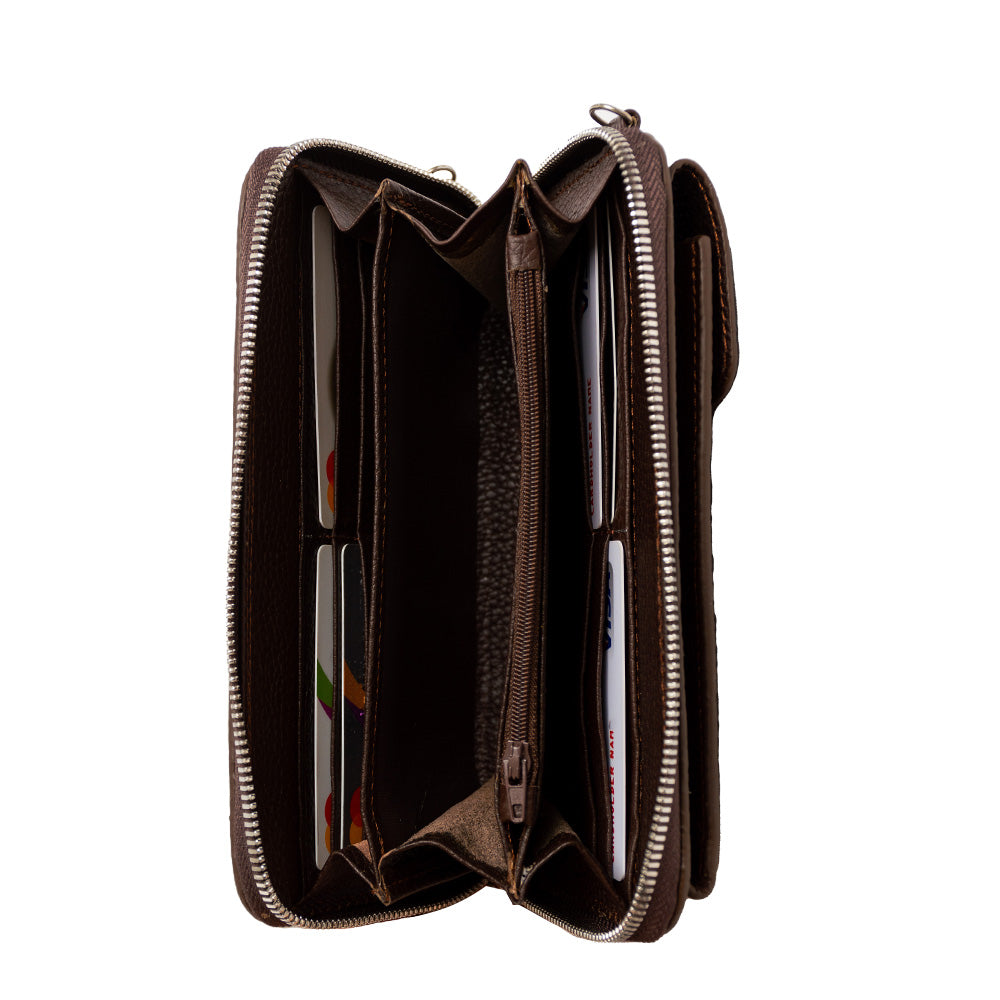 El yapımı kahverengi deri pasaport ve telefon çantası – floater dana derisi, çok gözlü tasarım