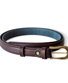 El yapımı hakiki bordo floater deri kemer – 2.5 cm unisex dana derisi, kırmızı dikişli ve antik pirinç tokalı