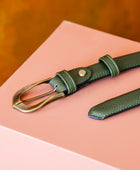 El yapımı hakiki floater deri kemer – zeytin yeşili, 2.5 cm, antik pirinç tokalı