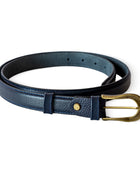 El yapımı hakiki floater lacivert deri kemer – 2.5 cm unisex, mavi tonal dikişli, antik pirinç tokalı