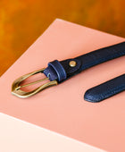El yapımı hakiki floater lacivert deri kemer – 2.5 cm unisex, mavi tonal dikişli, antik pirinç tokalı