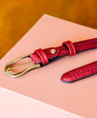 El yapımı hakiki krokodil desenli kırmızı deri kemer – 2.5 cm unisex dana derisi, antik pirinç tokalı