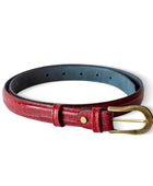 El yapımı hakiki krokodil desenli kırmızı deri kemer – 2.5 cm unisex dana derisi, antik pirinç tokalı