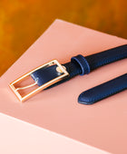 El yapımı hakiki lacivert deri kemer – 2.5 cm unisex dana derisi, altın tokalı