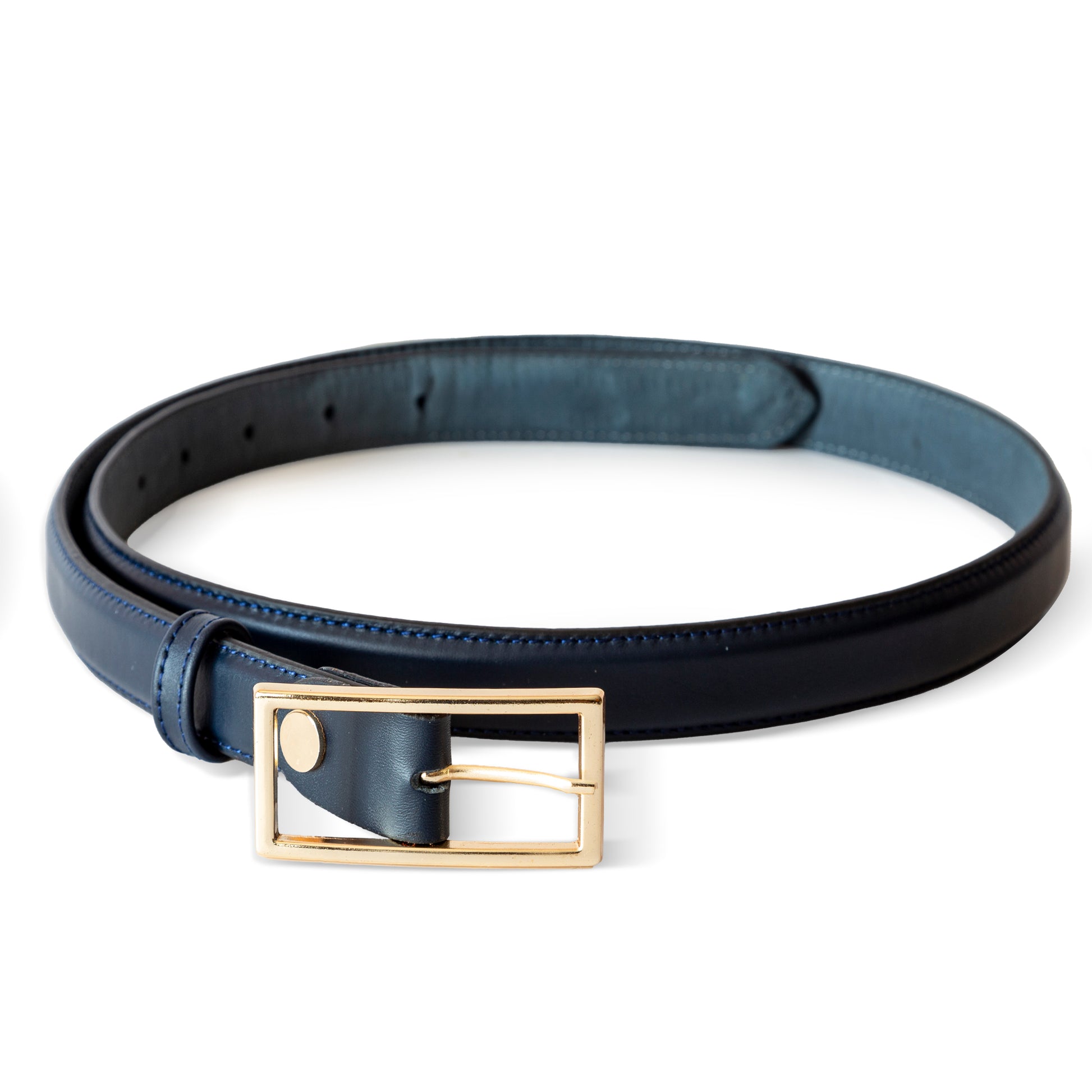 El yapımı hakiki lacivert deri kemer – 2.5 cm unisex dana derisi, altın tokalı