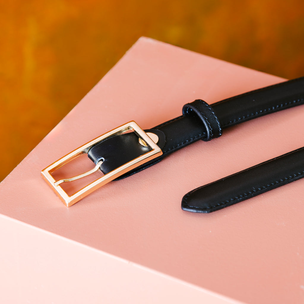 El yapımı hakiki siyah deri kemer – 2.5 cm unisex dana derisi, altın tokalı