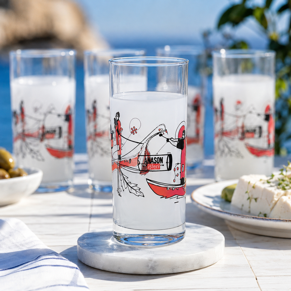 Arel Siviş tasarımı erkenci balıkçı figürlü altı adet özel tasarım rakı kadehinden oluşan Erkenci rakı kadehi seti
