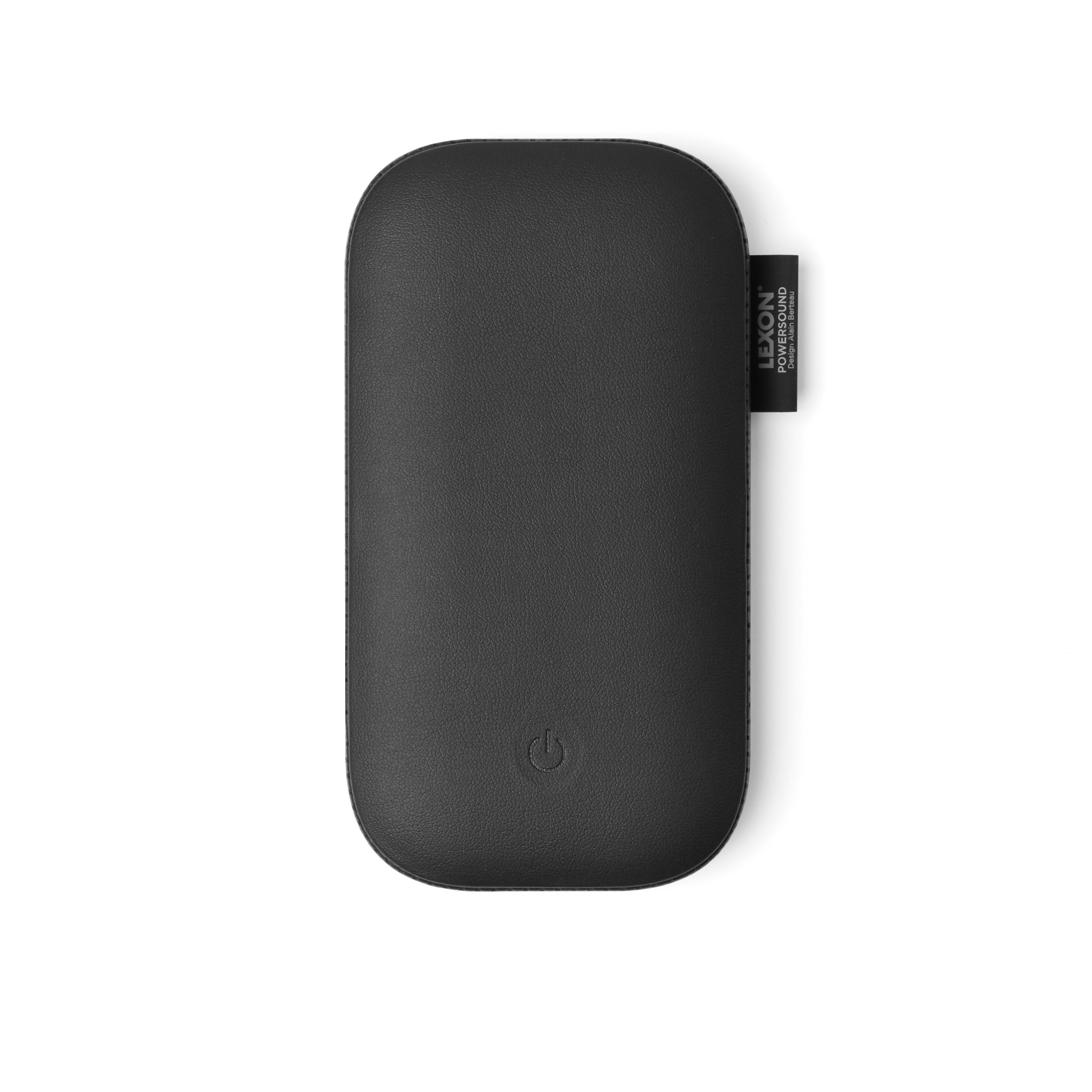 Bonherre mağazasından Lexon Powersound, siyah deri kaplamalı, 5000 mAh kablosuz powerbank ve 360 derece Bluetooth hoparlör özellikli lüks hibrit teknoloji ürünü.