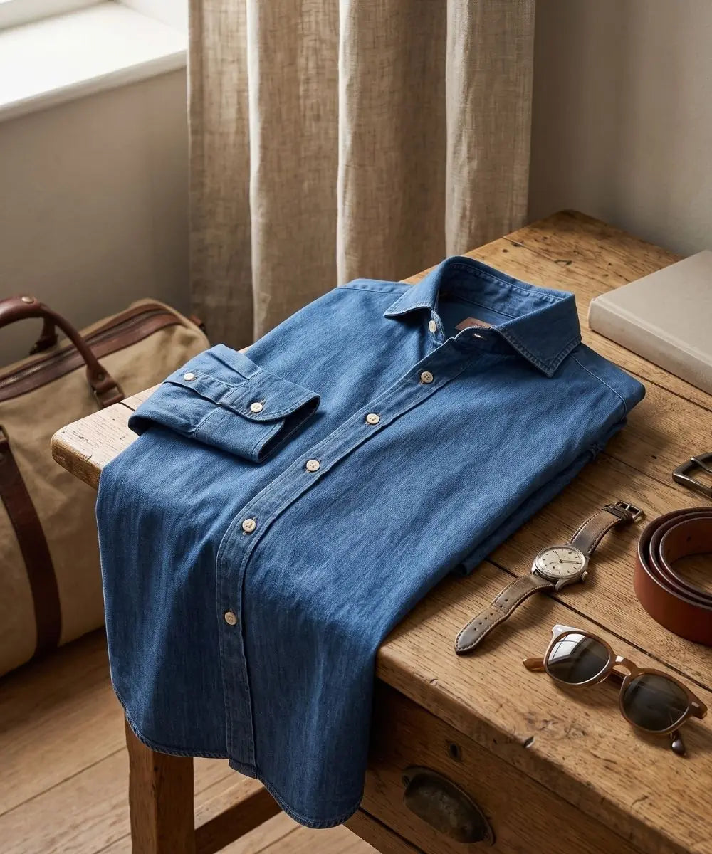 Mavi denim erkek gömleği ve klasik giyim aksesuarları