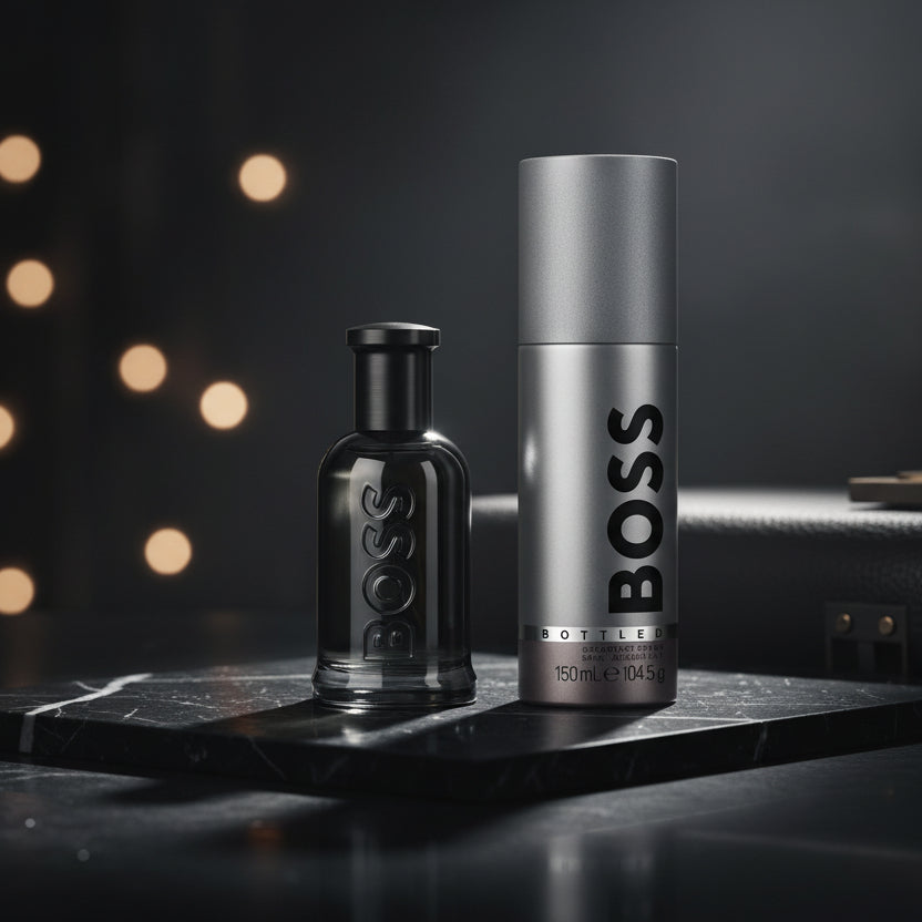 Bonherre mağazasından Boss Bottled Parfum Set, mandalina, incir ağacı ve deri notalı lüks erkek parfüm seti.