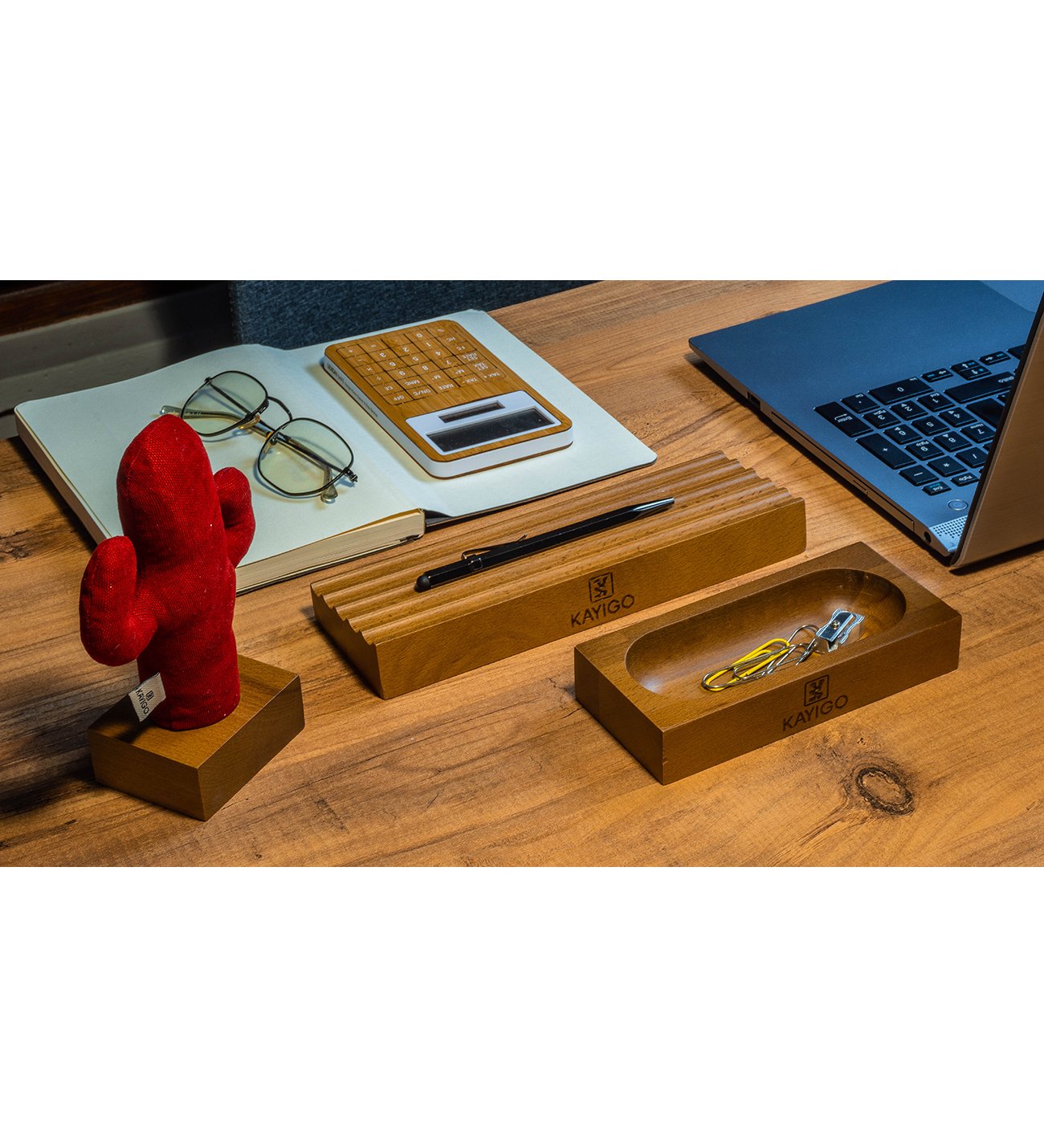 Kayigo Woody Üçlü Ofis Seti Açık Kahverengi - Kırmızı Kaktüs