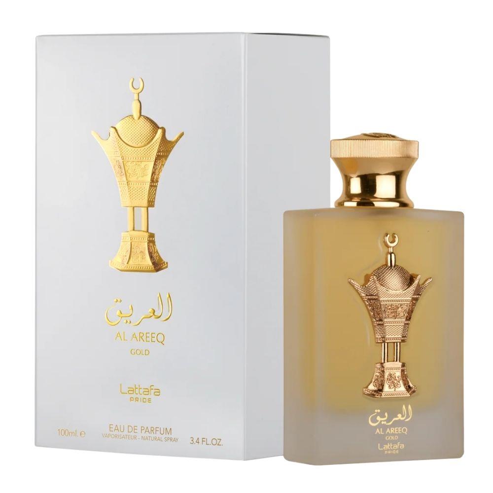 Bonherre mağazasından Lattafa Al Areeq Gold EDP, safran, siyah çay, süet ve deri notalı 100 ml unisex parfüm.