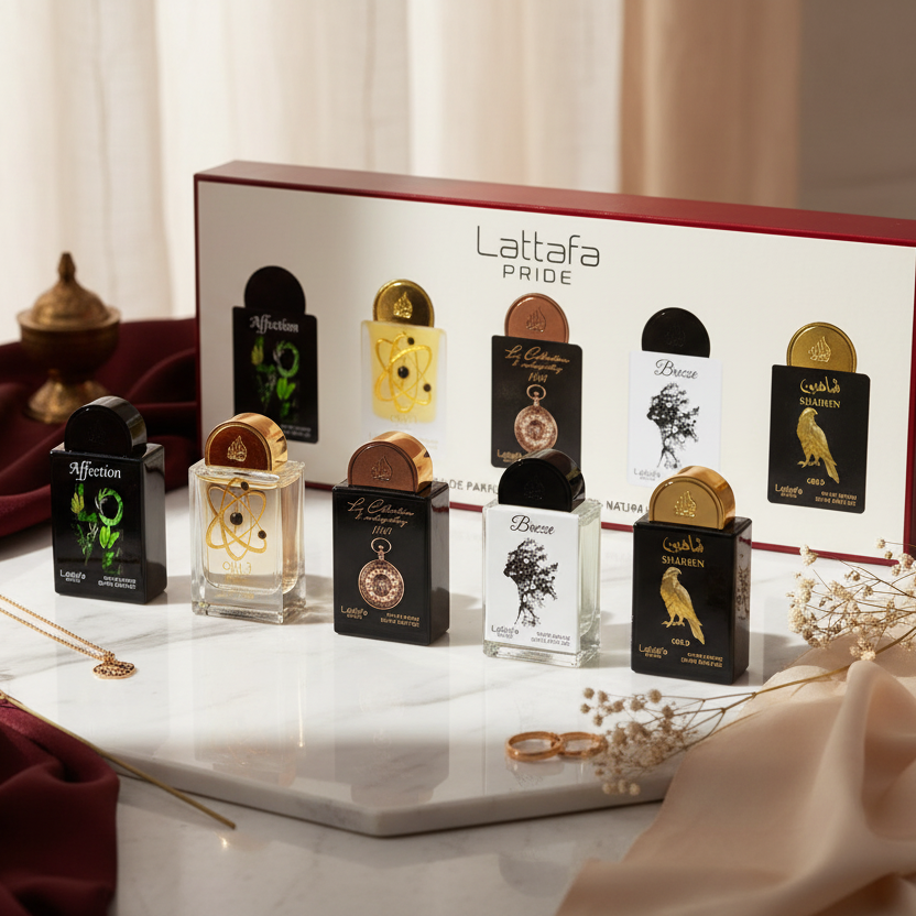 Bonherre mağazasından Lattafa Pride Gift Set Box 01, Affection, Shaheen Gold ve Tharwah Gold içeren 5'li lüks unisex parfüm seti.