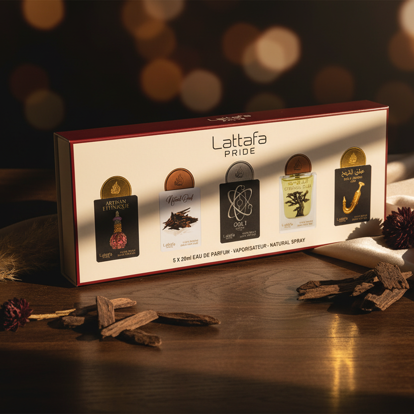 Bonherre mağazasından Lattafa Pride Gift Set Box 02, Eternal Oud, Ishq Al Shuyukh Gold ve Tharwah Silver içeren 5'li lüks parfüm seti.