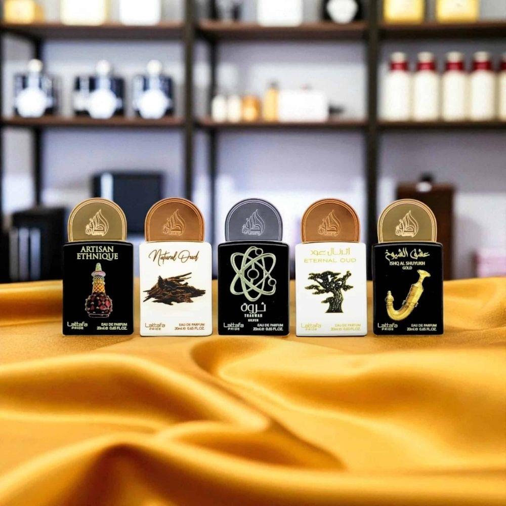 Bonherre mağazasından Lattafa Pride Gift Set Box 02, Eternal Oud, Ishq Al Shuyukh Gold ve Tharwah Silver içeren 5'li lüks parfüm seti.