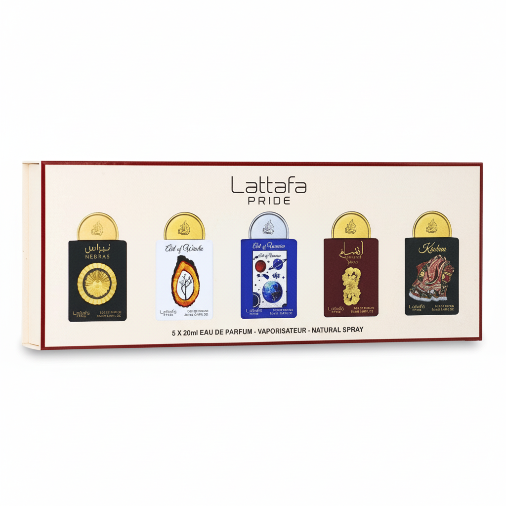 Bonherre mağazasından Lattafa Pride Gift Set Box 03, Nebras, Ansaam Gold ve Art Of Wood içeren 5'li lüks unisex parfüm seti.