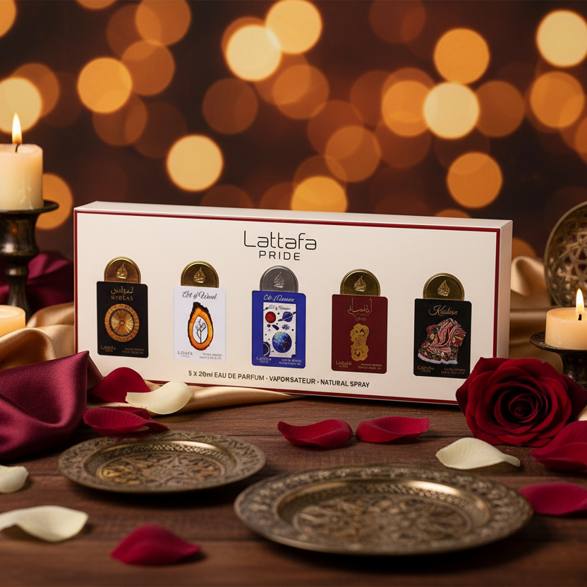 Bonherre mağazasından Lattafa Pride Gift Set Box 03, Nebras, Ansaam Gold ve Art Of Wood içeren 5'li lüks unisex parfüm seti.