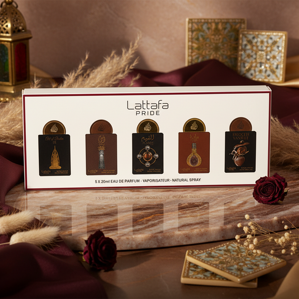 Bonherre mağazasından Lattafa Pride Gift Set Box 04, Masa, Brioche Vanille ve Al Qiam Gold içeren 5'li lüks unisex parfüm seti.