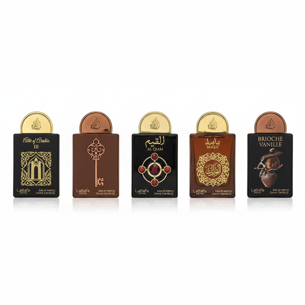 Bonherre mağazasından Lattafa Pride Gift Set Box 04, Masa, Brioche Vanille ve Al Qiam Gold içeren 5'li lüks unisex parfüm seti.