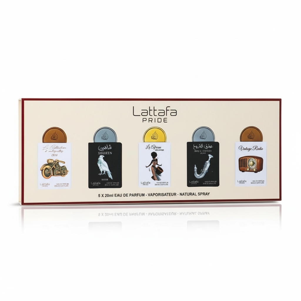 Bonherre mağazasından Lattafa Pride Gift Set Box 05, Vintage Radio ve Ishq Al Shuyukh Silver içeren 5'li lüks parfüm seti.