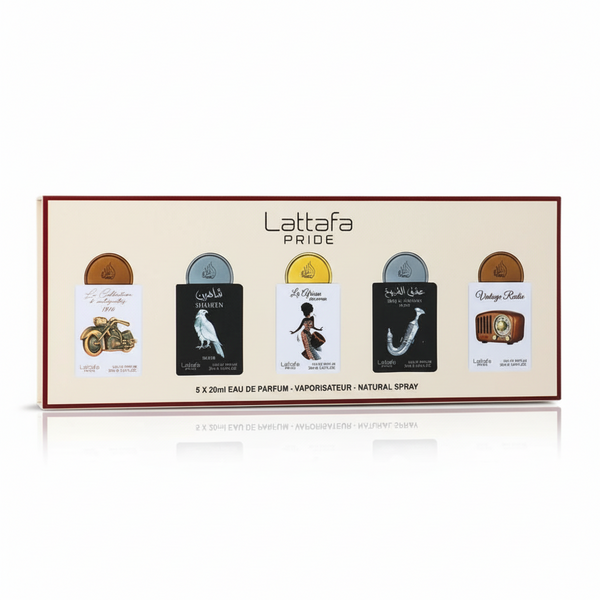 Bonherre mağazasından Lattafa Pride Gift Set Box 05, Vintage Radio ve Ishq Al Shuyukh Silver içeren 5'li lüks parfüm seti.