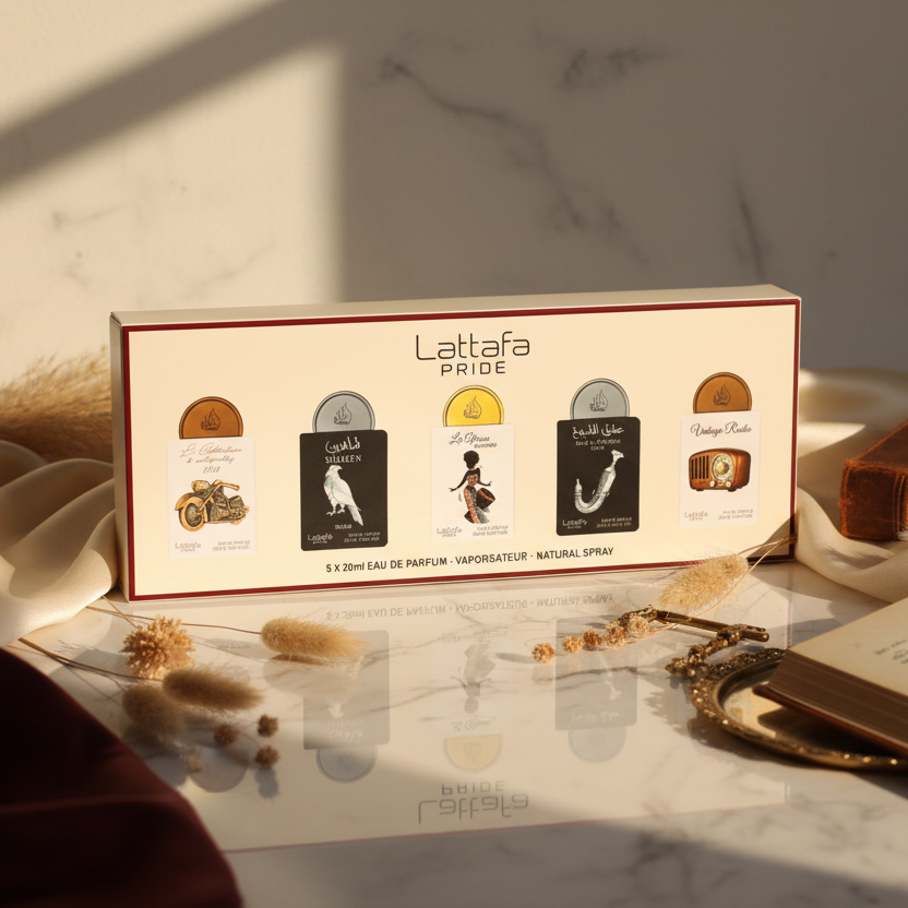Bonherre mağazasından Lattafa Pride Gift Set Box 05, Vintage Radio ve Ishq Al Shuyukh Silver içeren 5'li lüks parfüm seti.