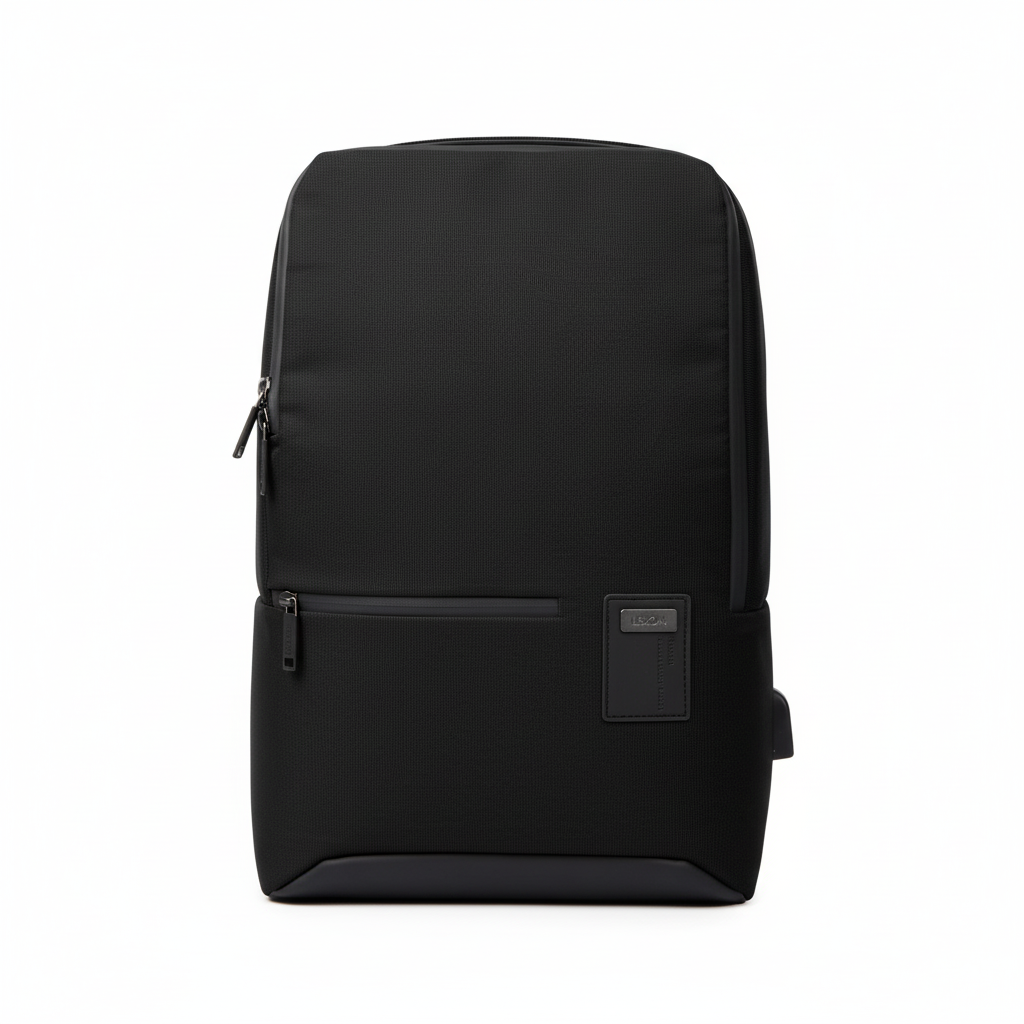 Bonherre mağazasından Lexon Track siyah sırt çantası, powerbank şarj bağlantılı, 15 inç laptop bölmeli ve 900D polyester dayanıklı kumaş.