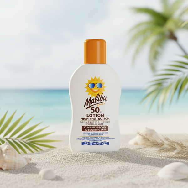 Bonherre mağazasından Malibu Çocuk Yüksek Korumalı Güneş Losyonu SPF50, Aloe Vera ve Vitamin E içerikli hassas çocuk koruyucu.