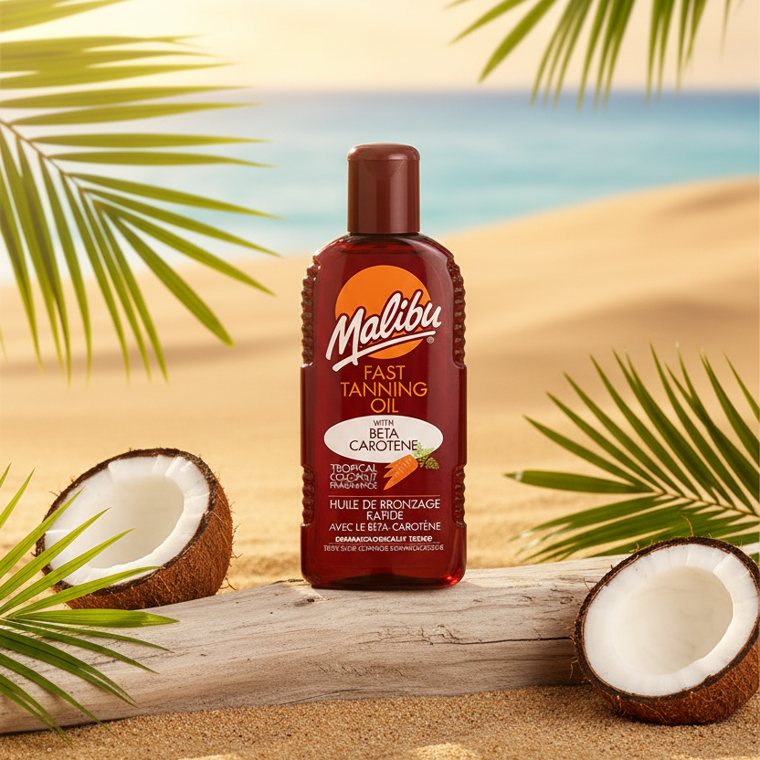 Bonherre mağazasından Malibu Hızlı Bronzlaştırıcı Yağ, Beta Karoten içerikli ve Hindistan cevizi kokulu lüks bronzlaştırıcı.