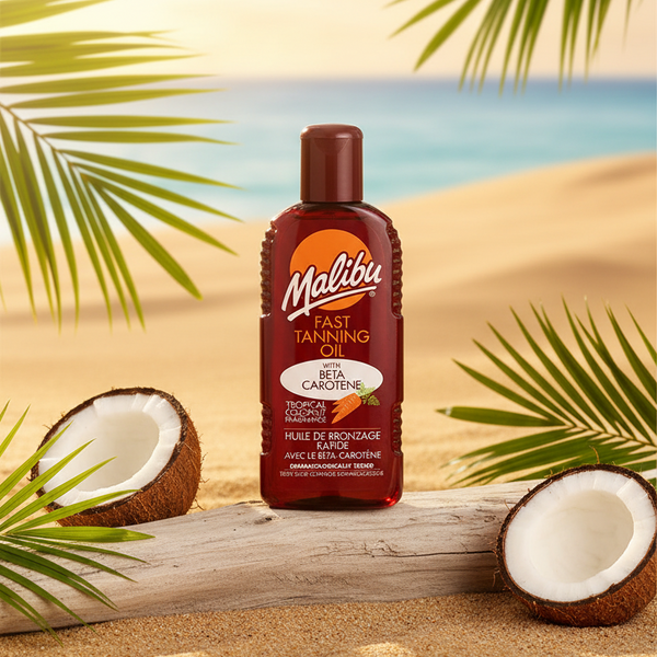 Bonherre mağazasından Malibu Hızlı Bronzlaştırıcı Yağ, Beta Karoten içerikli ve Hindistan cevizi kokulu lüks bronzlaştırıcı.
