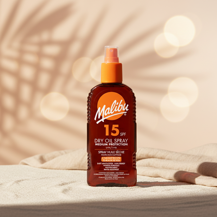 Bonherre mağazasından Malibu Dry Oil Sprey SPF15, yağsız formüllü ve vitaminli lüks erkek güneş koruyucu.