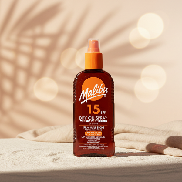 Bonherre mağazasından Malibu Dry Oil Sprey SPF15, yağsız formüllü ve vitaminli lüks erkek güneş koruyucu.