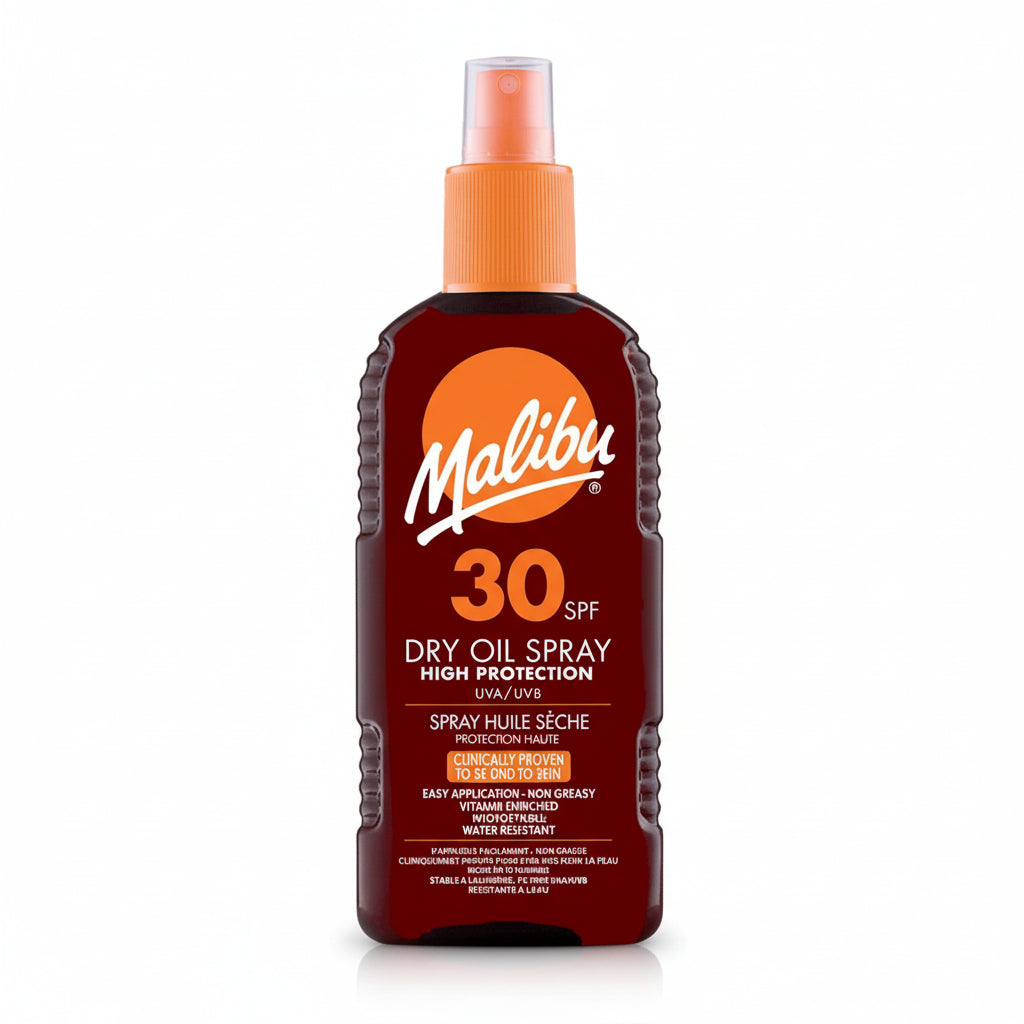 Bonherre mağazasından Malibu Dry Oil Sprey SPF30, yüksek korumalı ve vitamin zenginleştirilmiş yağsız güneş spreyi.