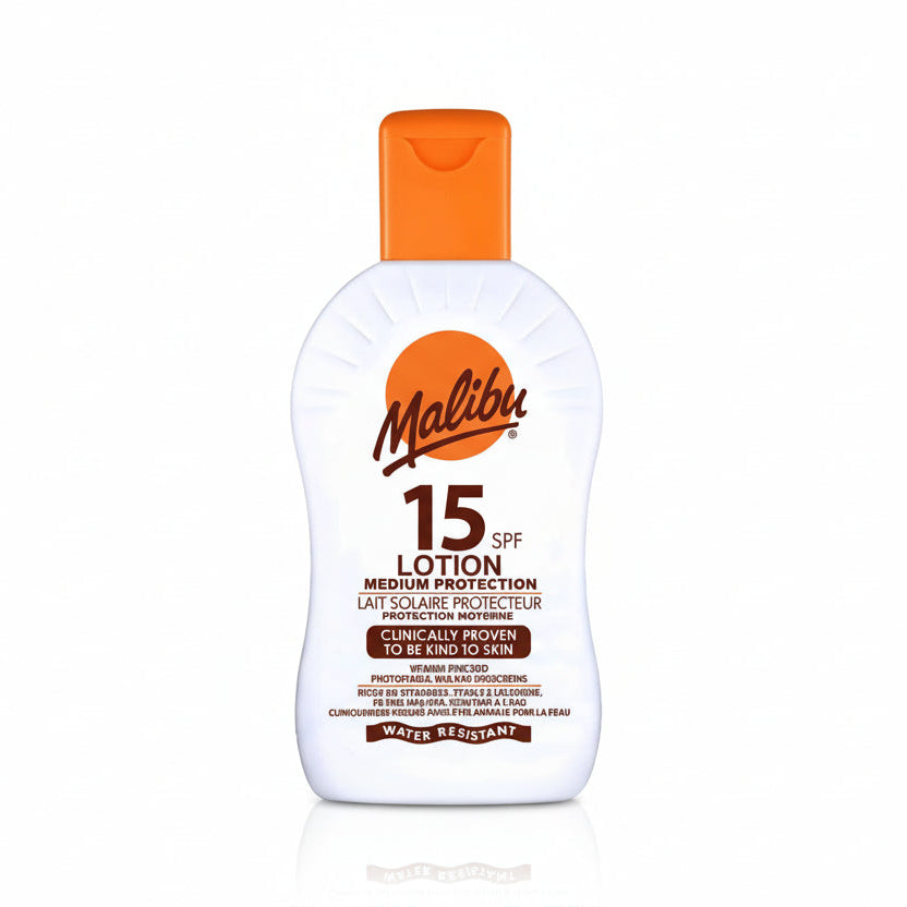 Bonherre mağazasından Malibu Güneş Koruyucu Losyon SPF15, vitaminle zenginleştirilmiş suya dayanıklı lüks güneş kremi.