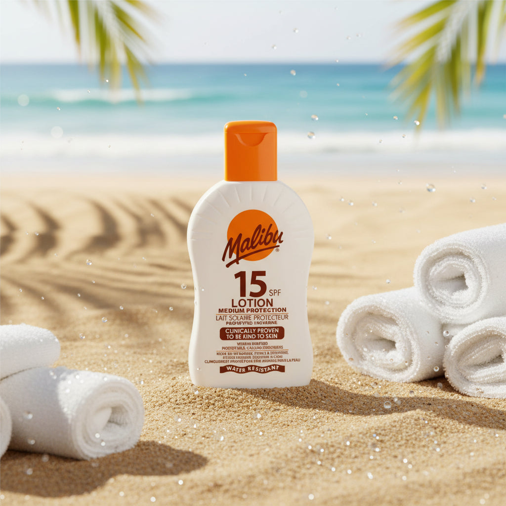 Bonherre mağazasından Malibu Güneş Koruyucu Losyon SPF15, vitaminle zenginleştirilmiş suya dayanıklı lüks güneş kremi.